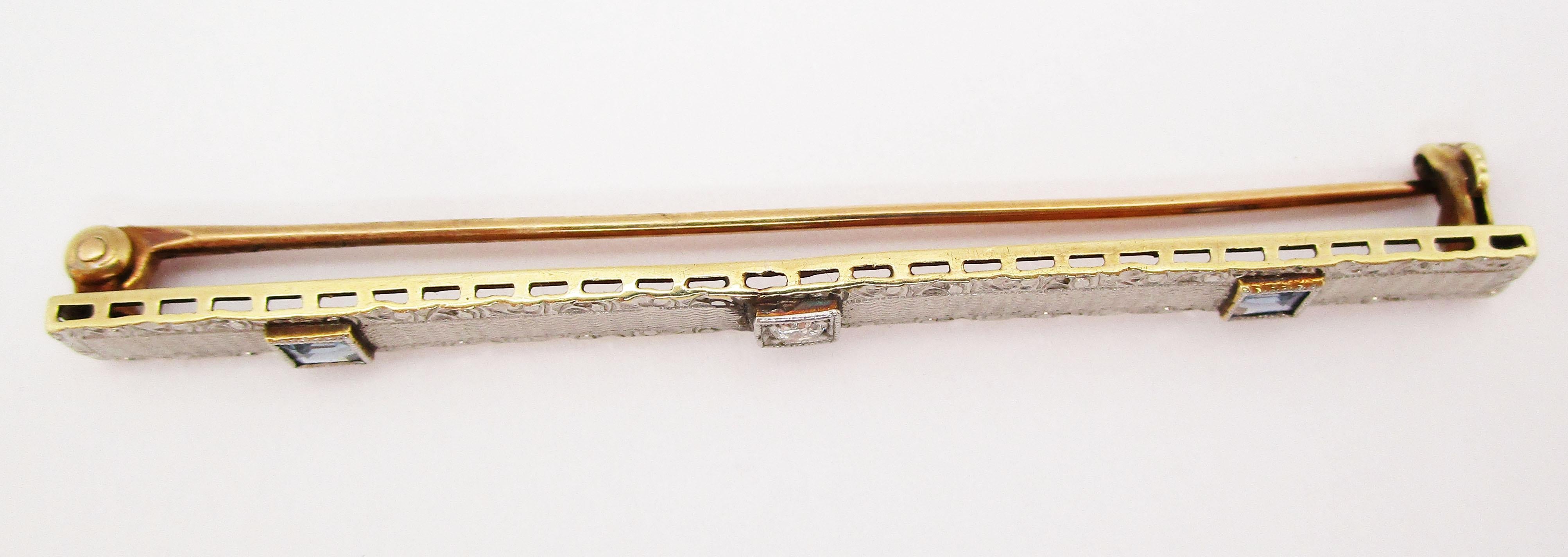 1910 Edwardian Platinum over Gold Diamond and Sapphire Bar Pin 1