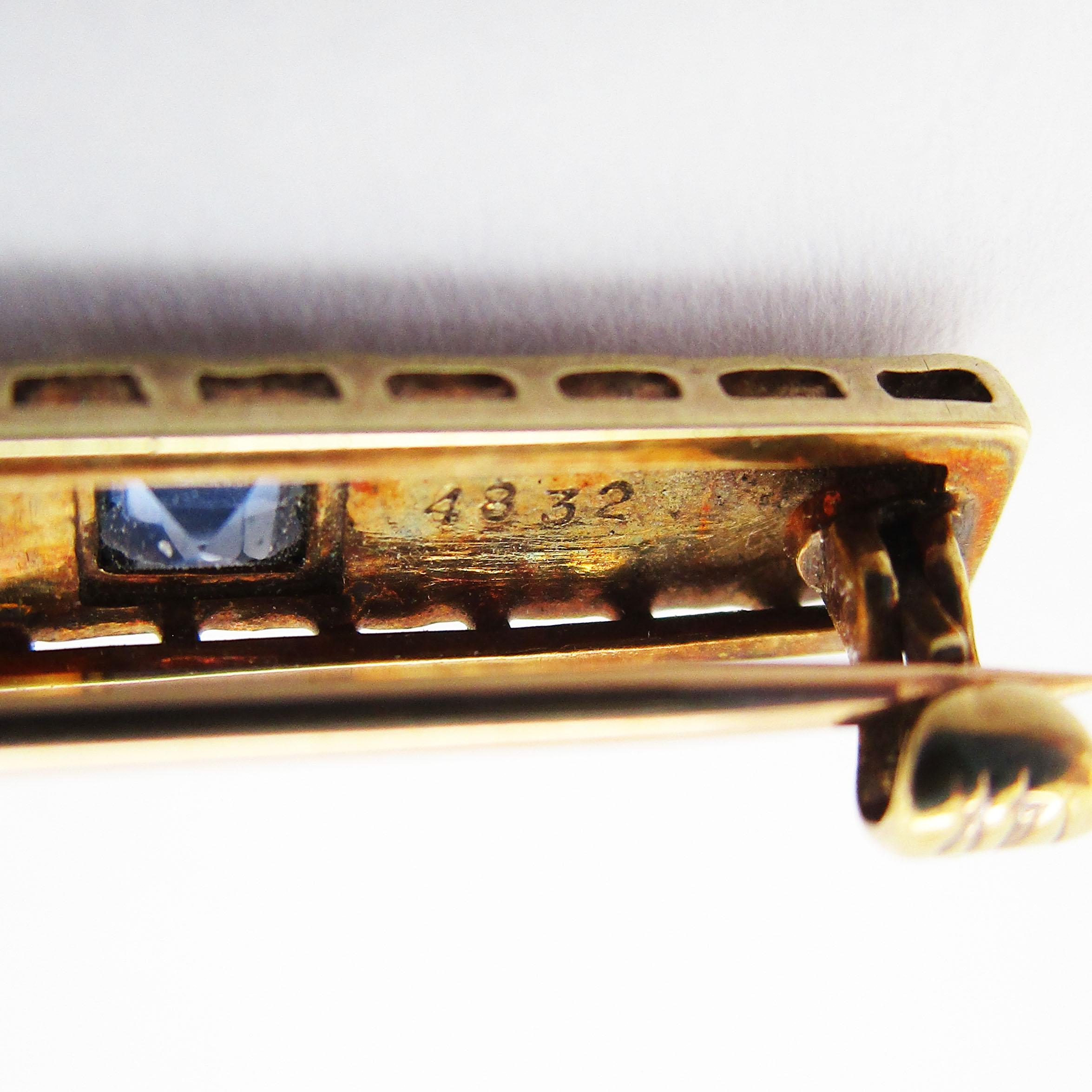 1910 Edwardian Platinum over Gold Diamond and Sapphire Bar Pin 2