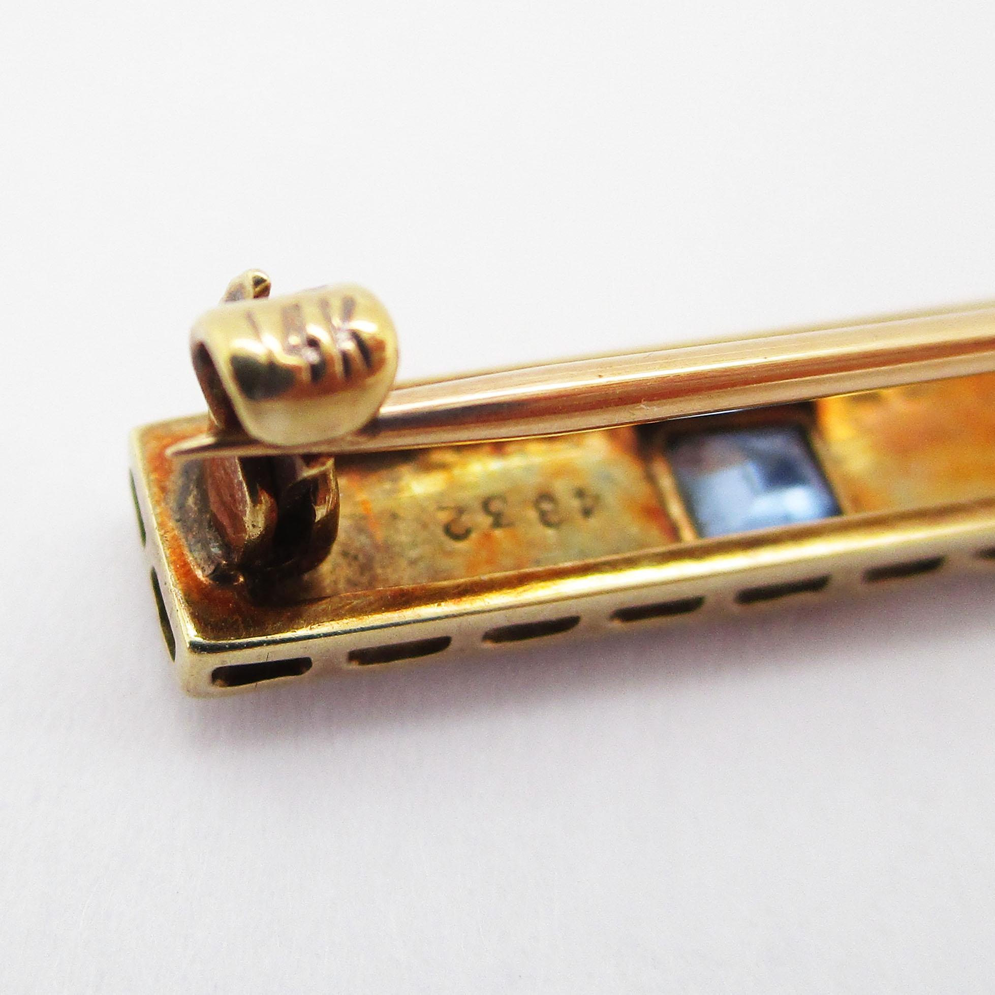 1910 Edwardian Platinum over Gold Diamond and Sapphire Bar Pin 3