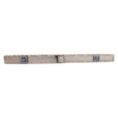 Antique 1910 Edwardian Platinum over Gold Diamond and Sapphire Bar Pin