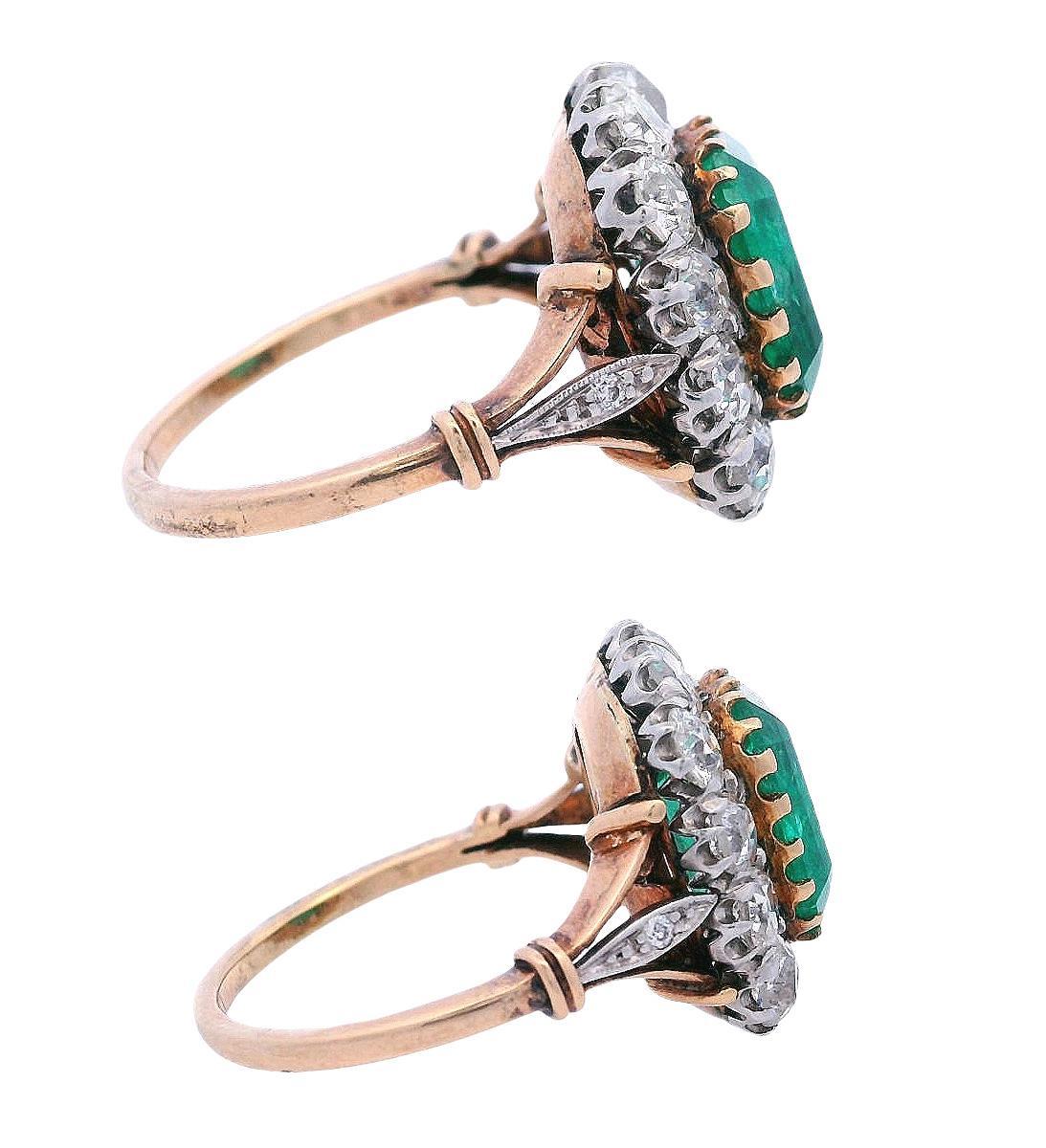 Anillo eduardiano de 1910 en platino y oro de 18 quilates con 4,30 quilates de esmeralda y diamante en Bueno estado para la venta en Aventura, FL