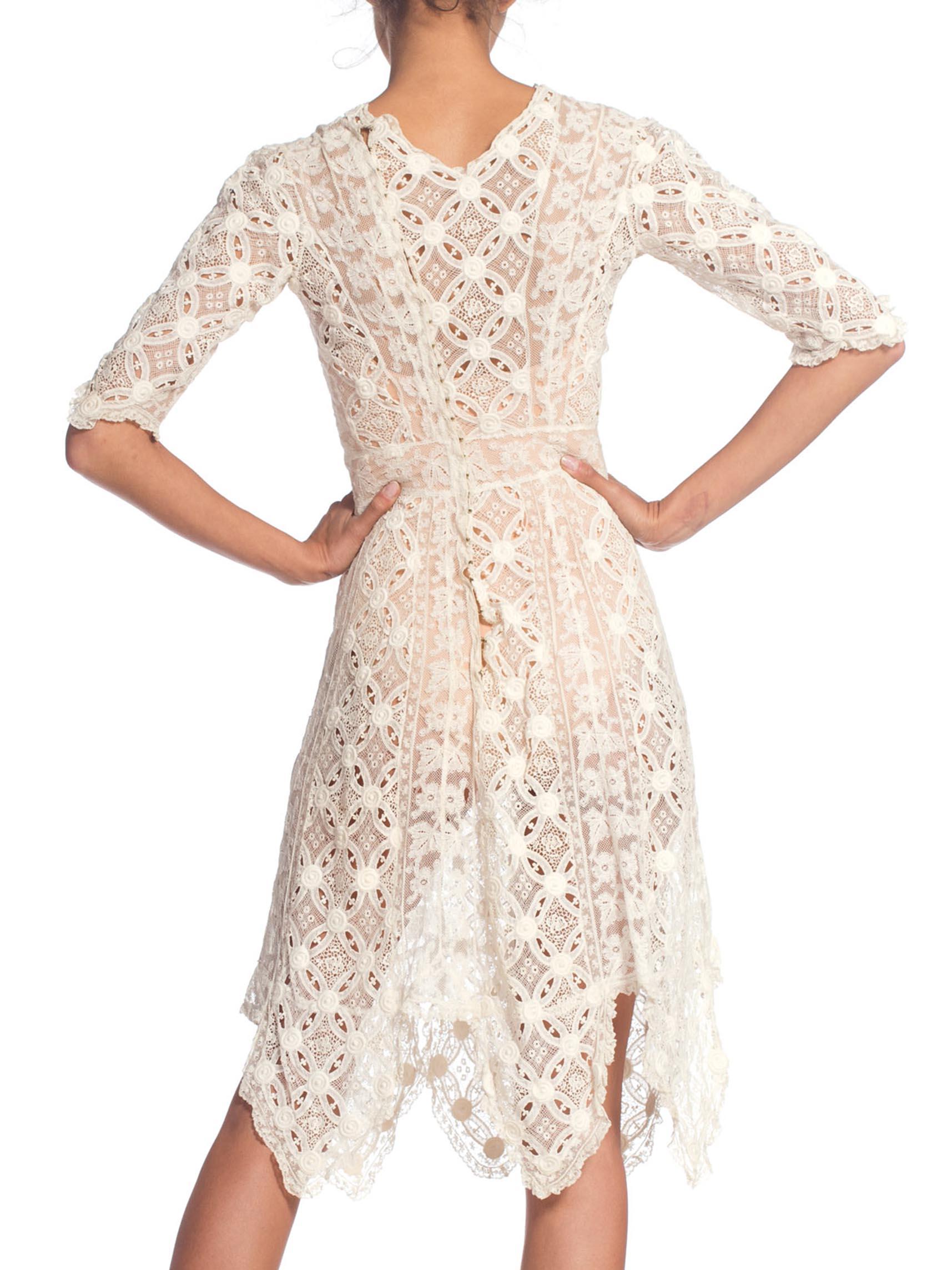 Edwardian White Organic Cotton Dress Artfully Pieced In Numerous Styles Of Lace In Excellent Condition For Sale In New York, NY