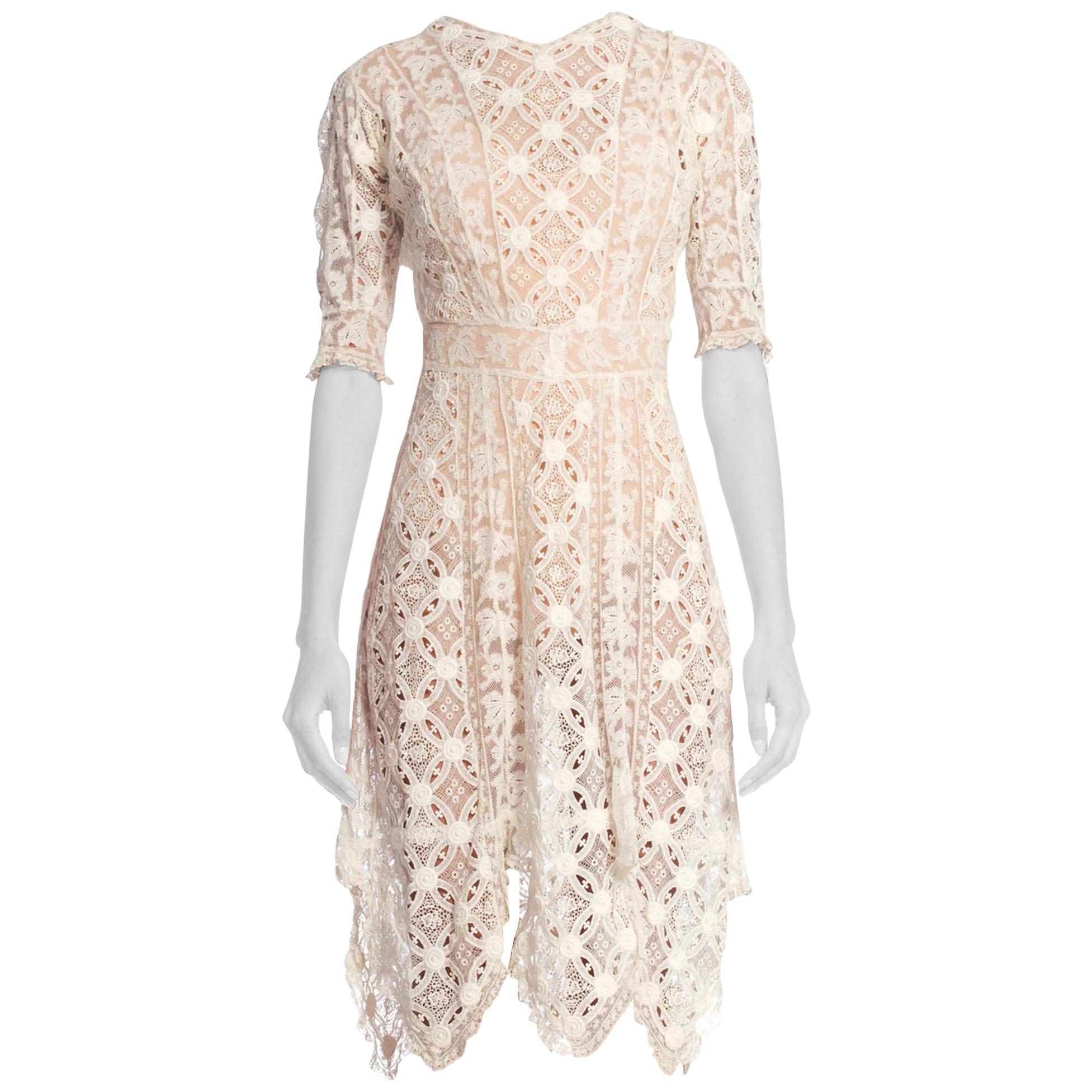 Edwardian White Organic Cotton Dress Artfully Pieced In Numerous Styles Of Lace For Sale