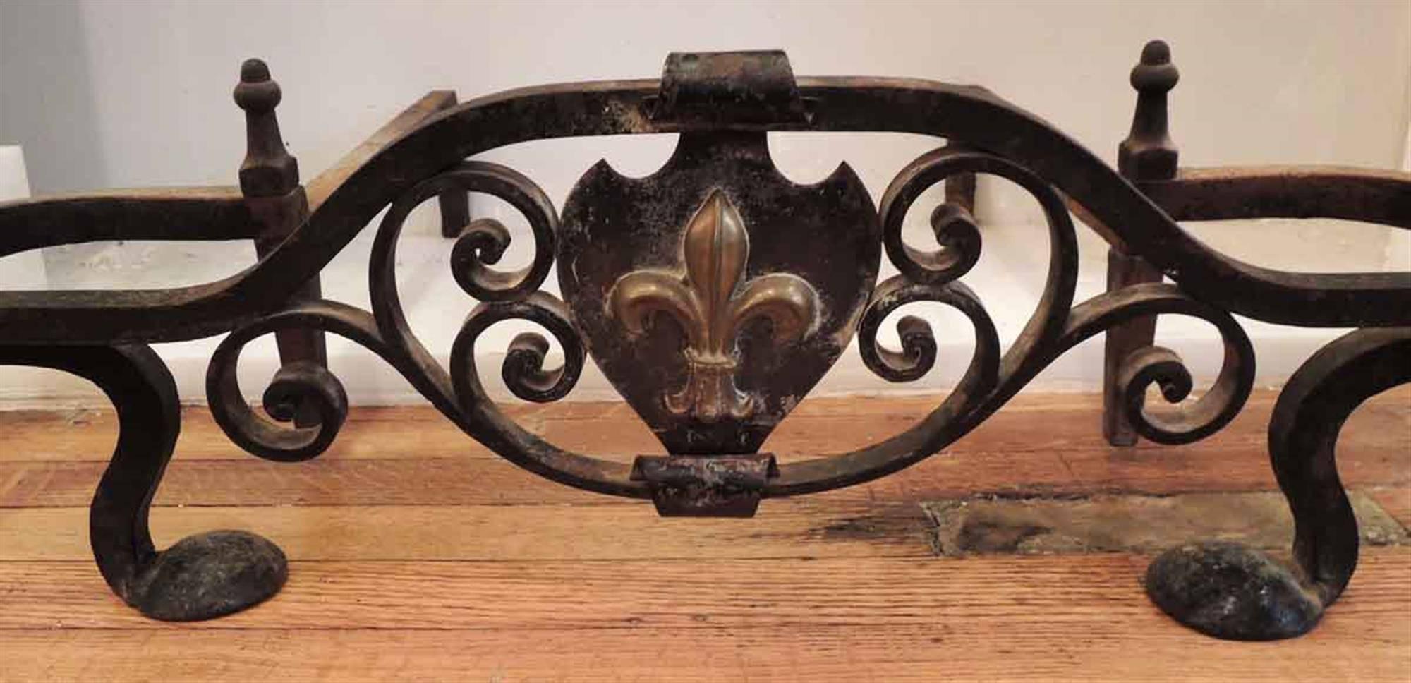 American 1910 Fleur de Lis Wrought Iron Andiron Set Brass Accents For Sale
