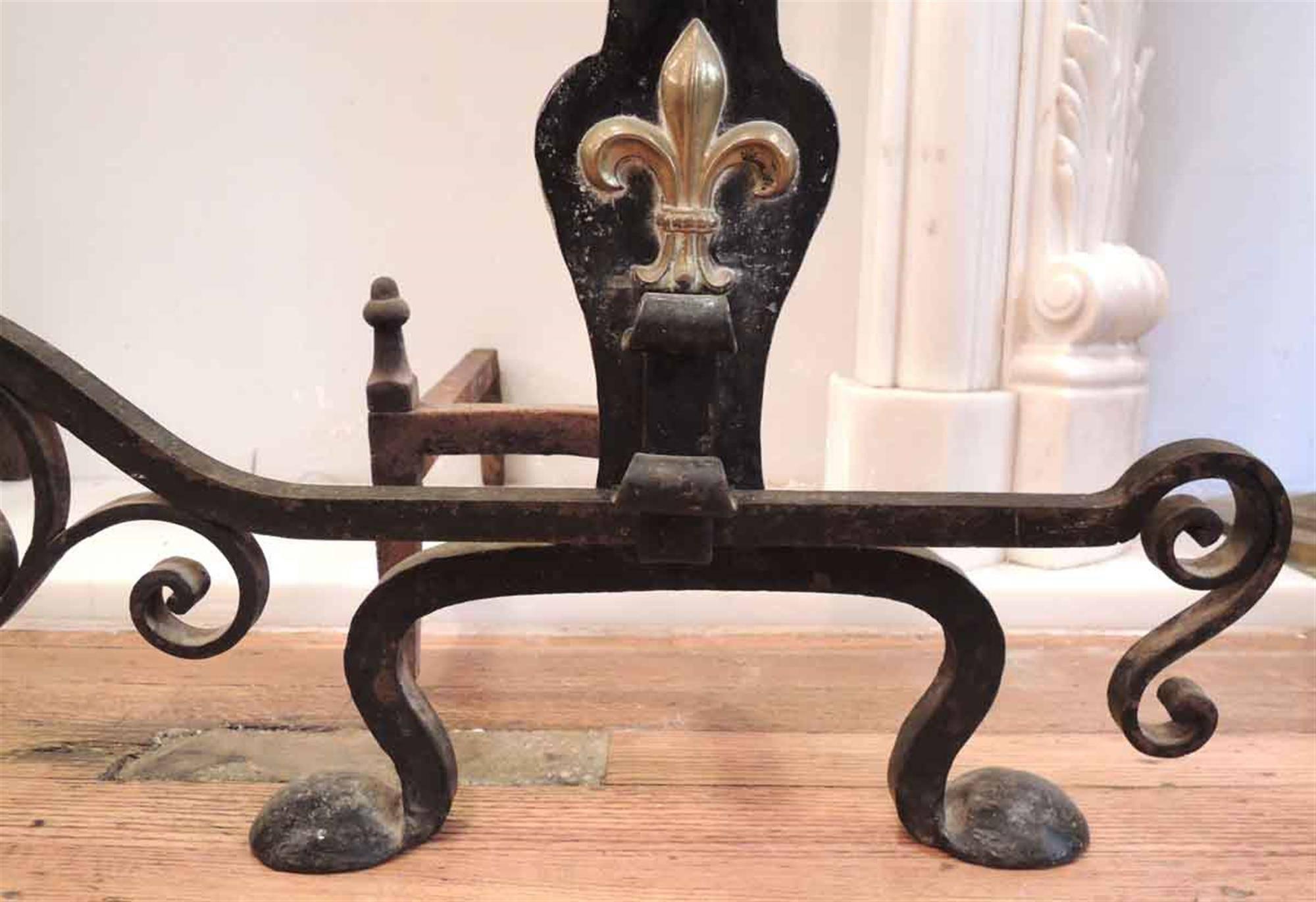 1910 Fleur de Lis Wrought Iron Andiron Set Brass Accents In Good Condition For Sale In New York, NY