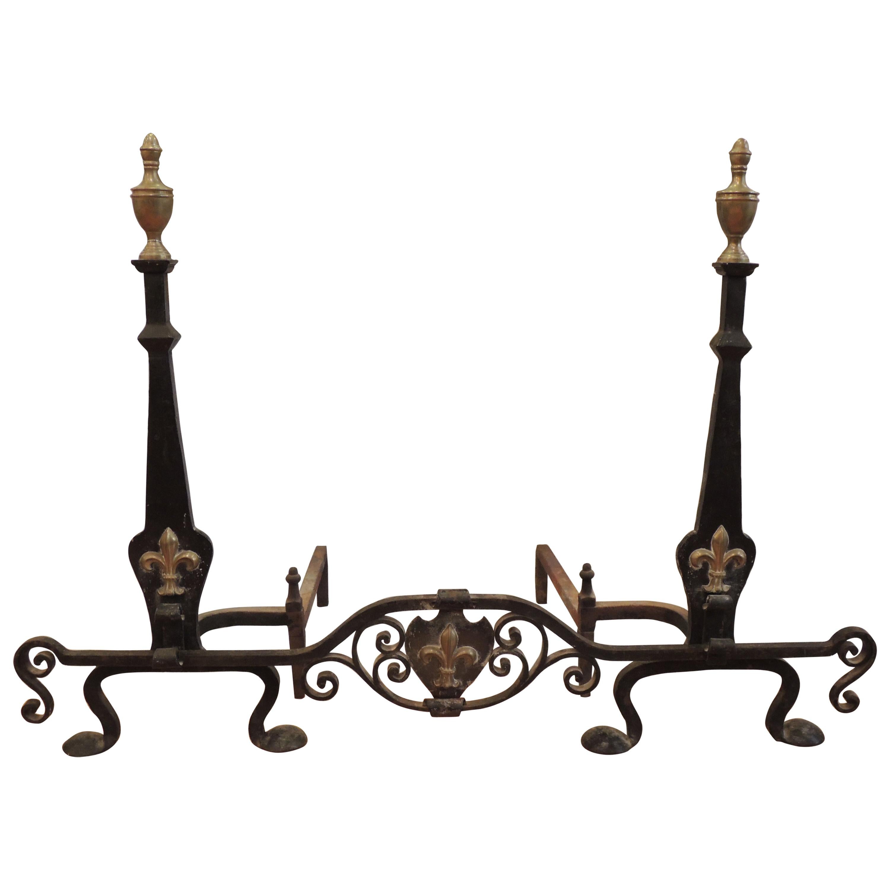 1910 Fleur de Lis Wrought Iron Andiron Set Brass Accents For Sale