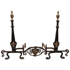 1910 Fleur de Lis Wrought Iron Andiron Set Brass Accents