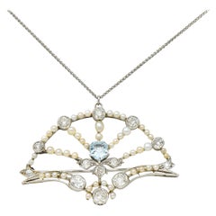 1910 Frank Walter Lawrence Pearl Diamond Platinum Fanned Pendant Brooch Necklace