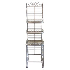 1910 French Art Nouveau Iron Baker's Rack polished nickel & milk glass shelves