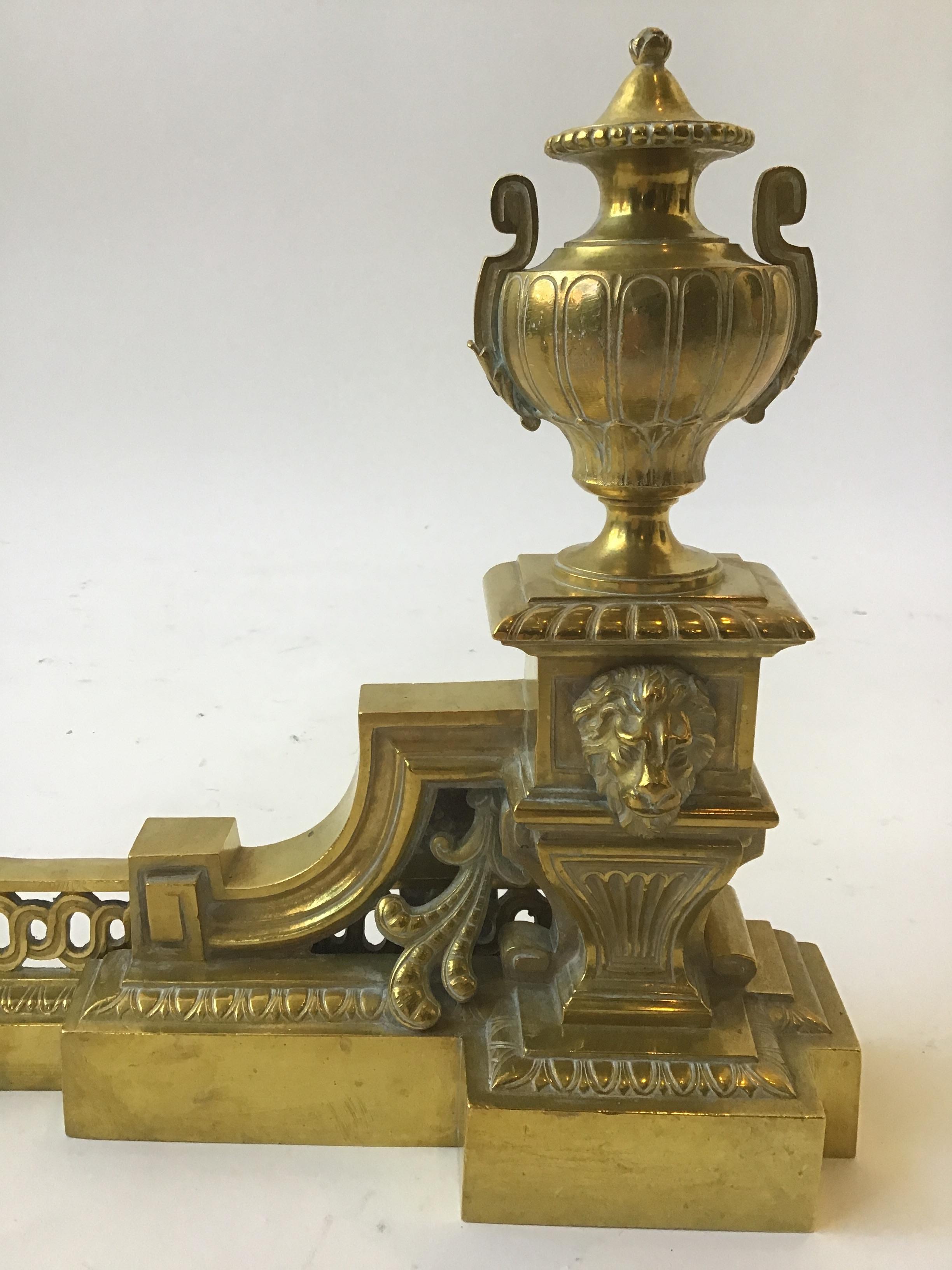 1910 French Brass Fireplace Fender with Lions and Urns 1