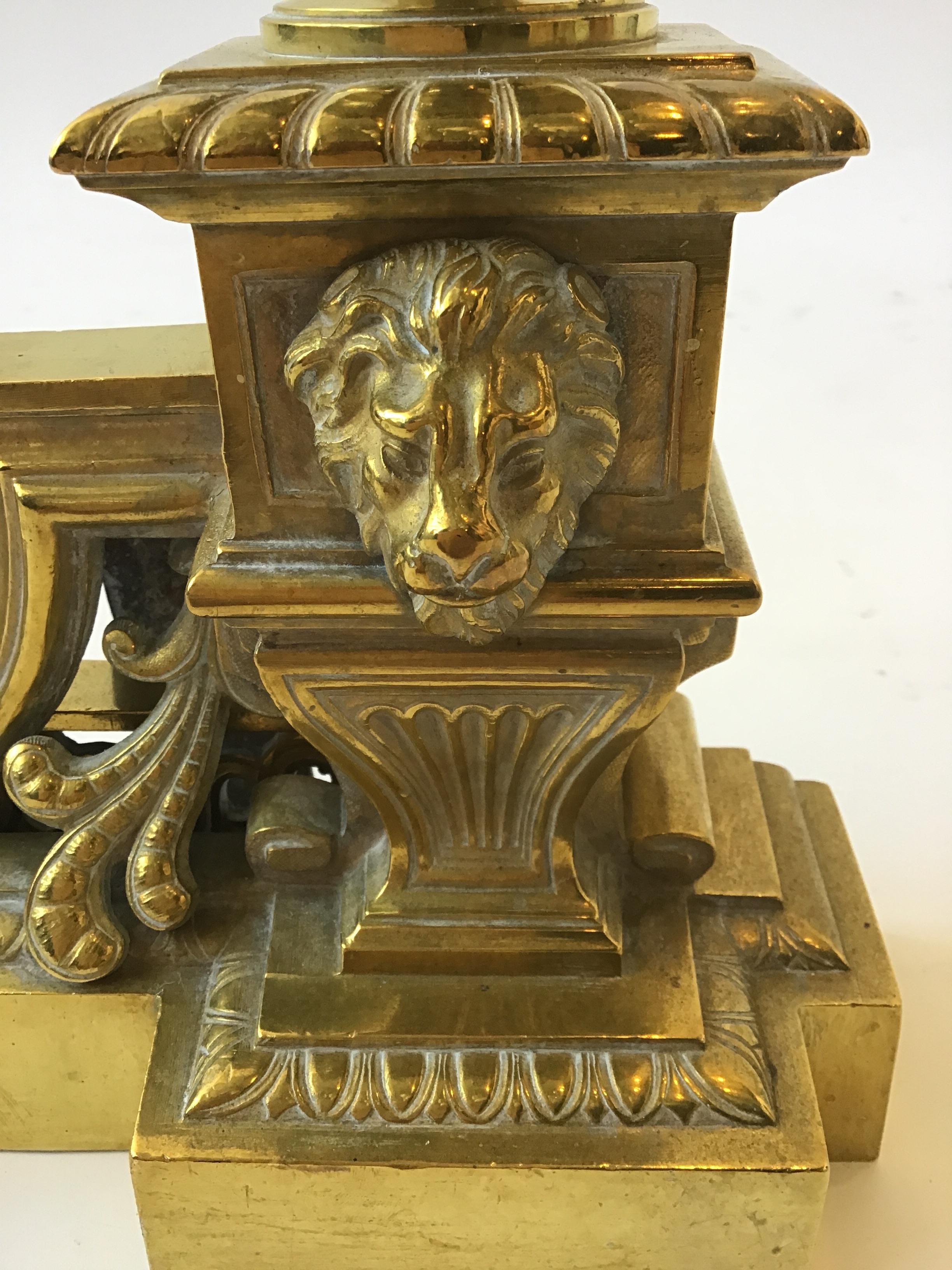 1910 French Brass Fireplace Fender with Lions and Urns 3