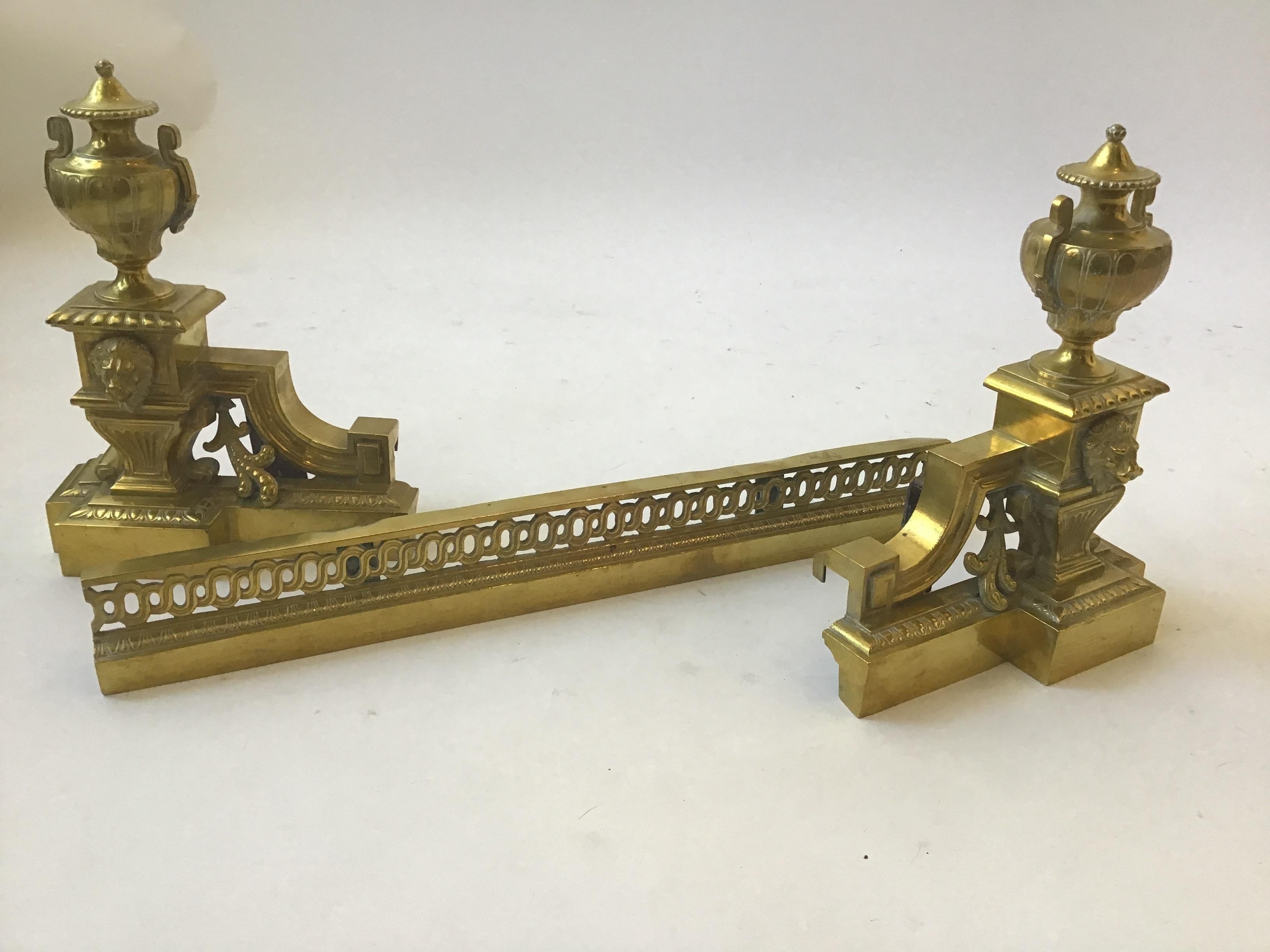 1910 French Brass Fireplace Fender with Lions and Urns 5