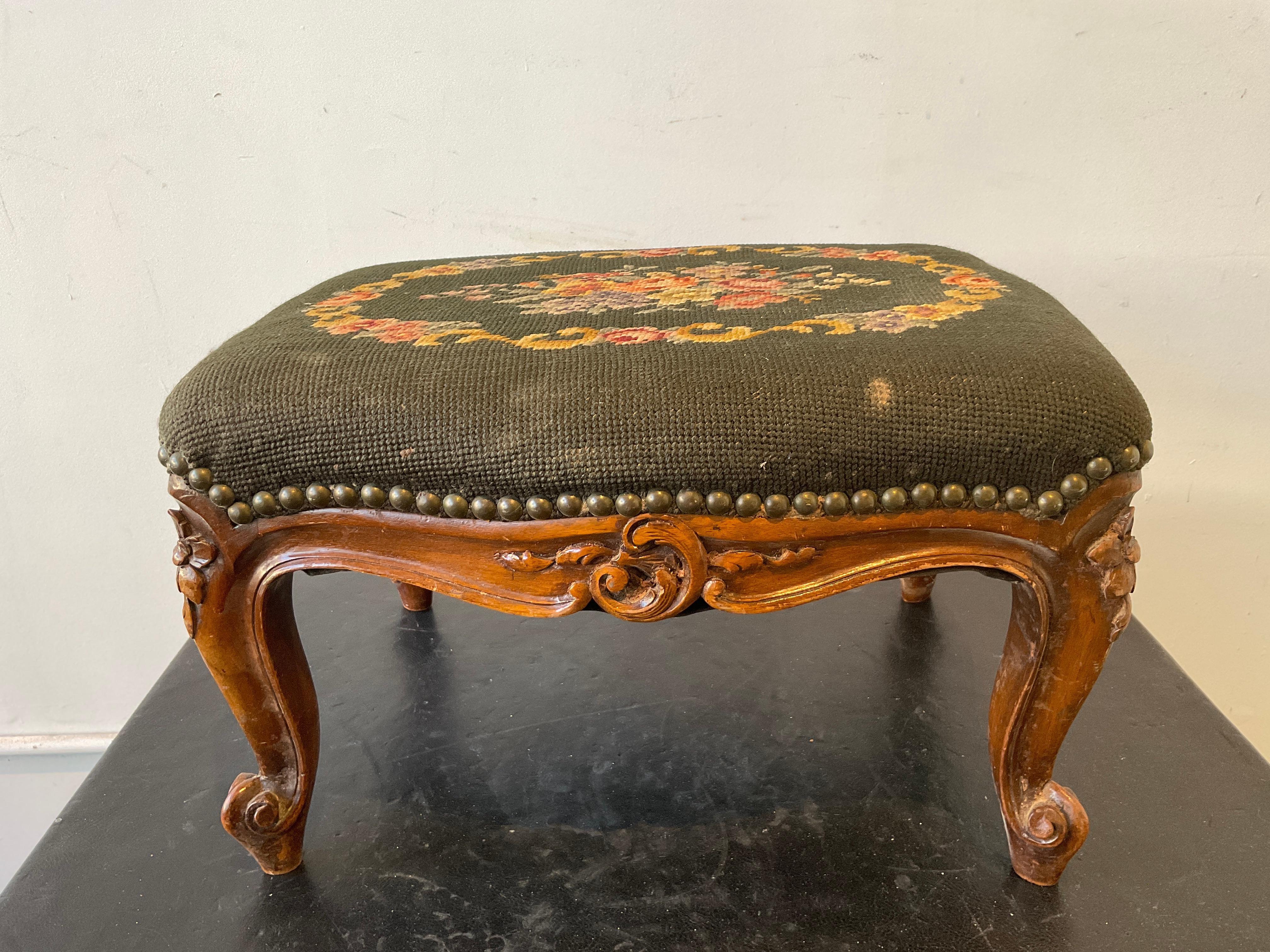 1910 French Carved Wood Footstool 1