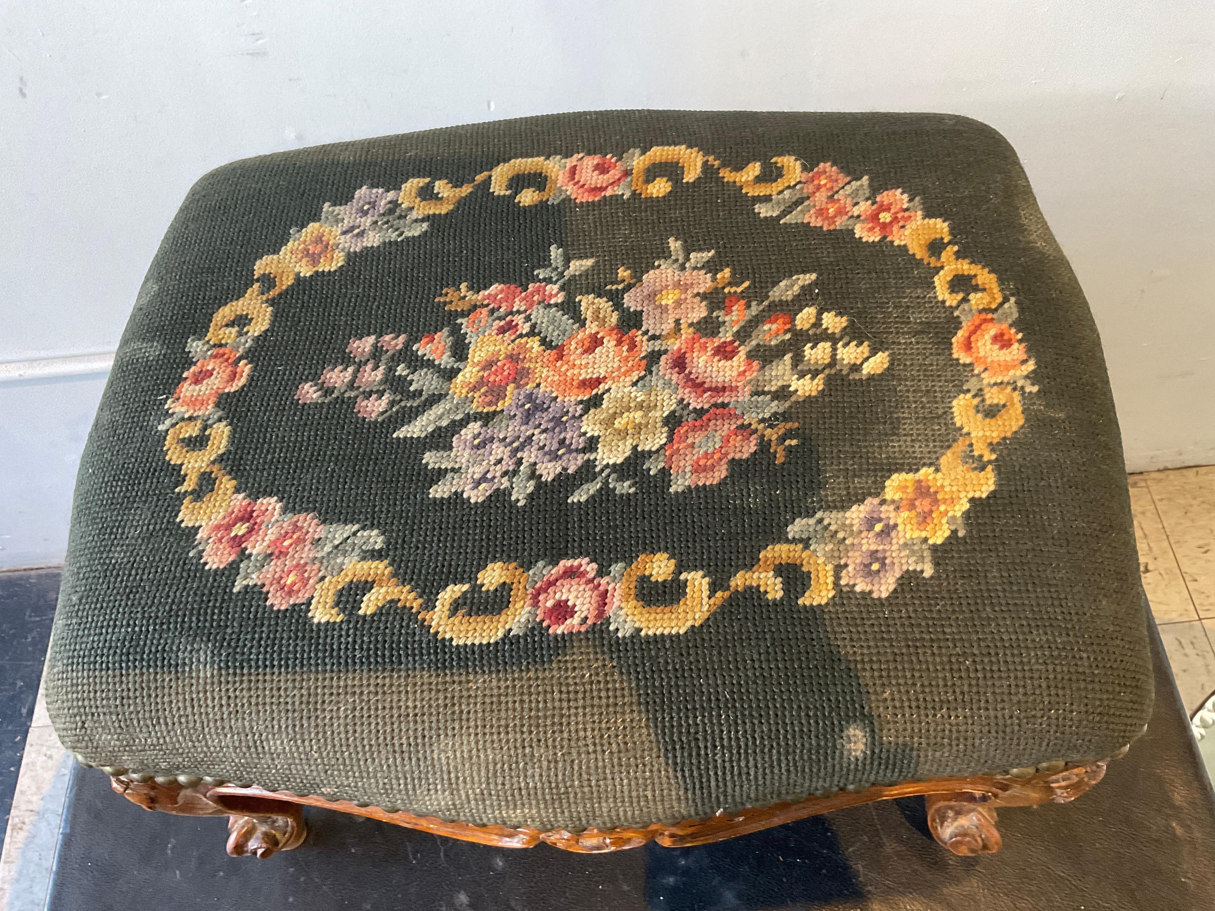 1910 French Carved Wood Footstool 2