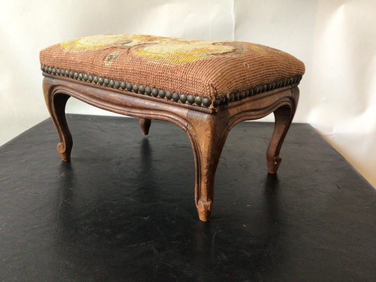 1910 French Footstool Needlepoint Top Cabriolet Leg at 1stDibs
