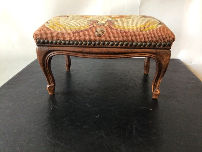 1910 French Footstool Needlepoint Top Cabriolet Leg at 1stDibs