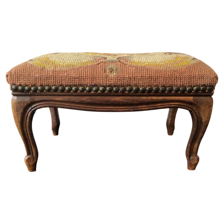 1910 French Footstool Needlepoint Top Cabriolet Leg at 1stDibs