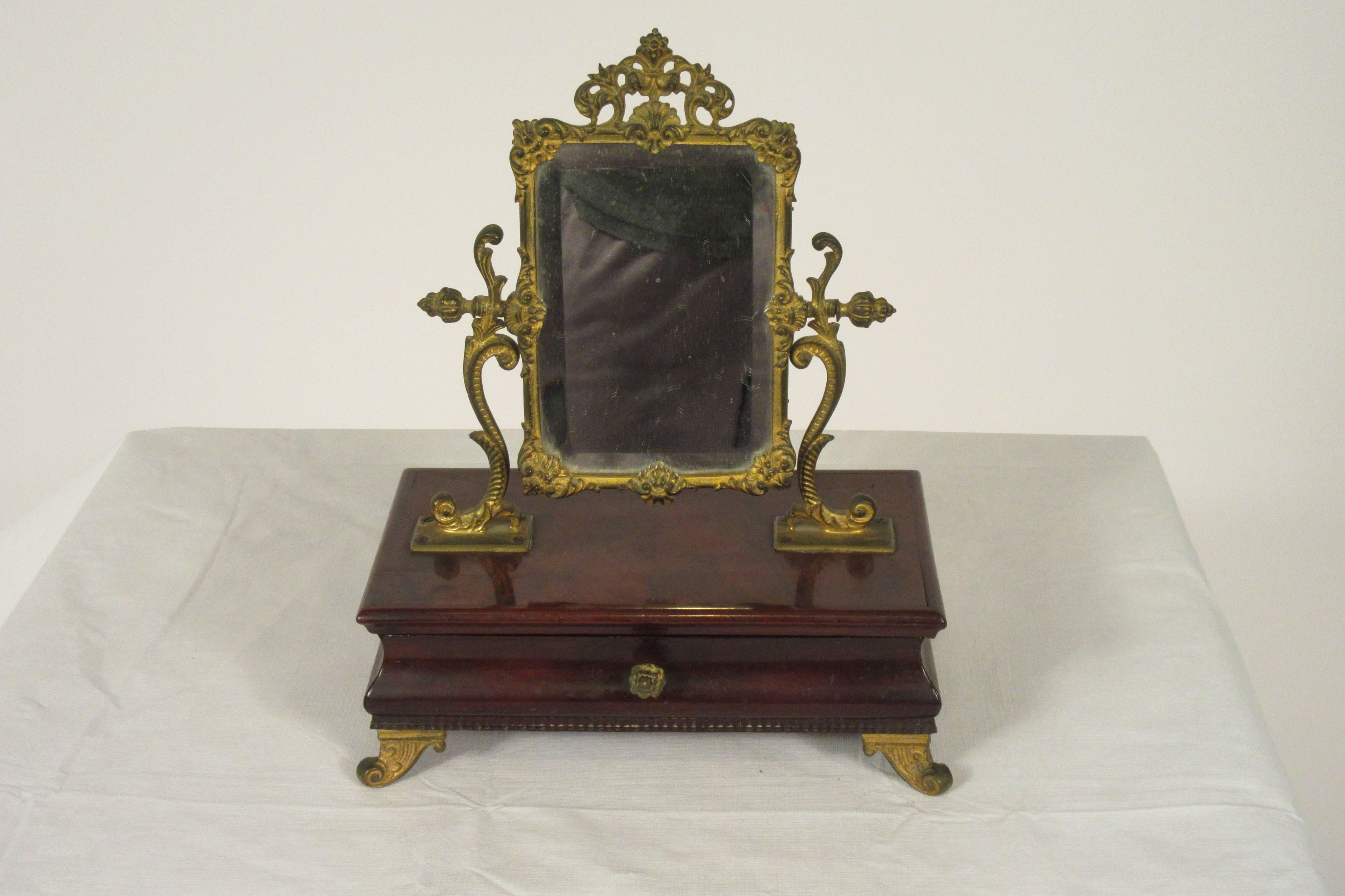 1910 French Jewelry Box with Brass Mirror 1
