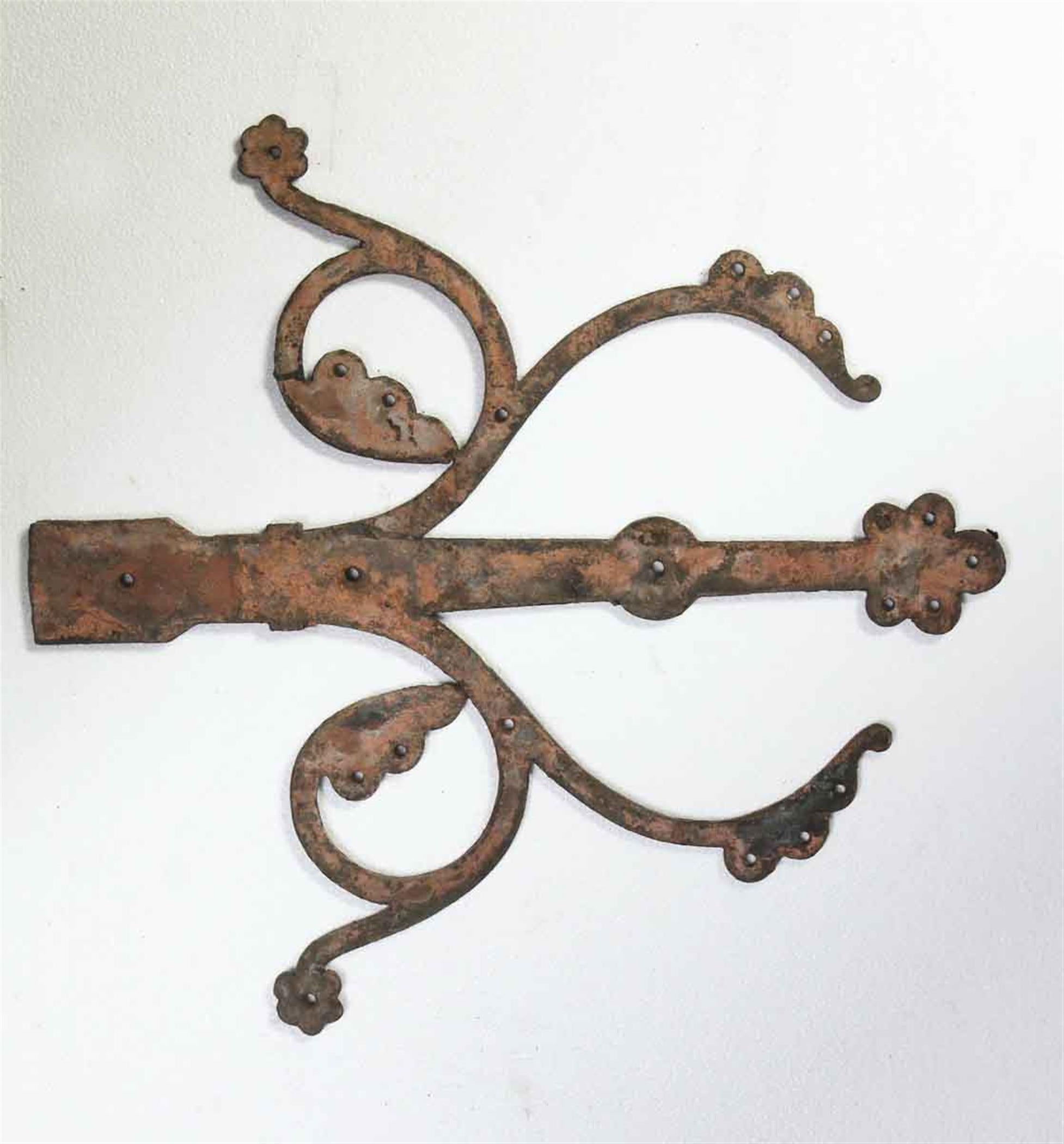 1910 Art Nouveau wrought iron decorative dummy strap antique door hinges hardware for the front of very large doors. Priced as a pair. This can be seen at our 400 Gilligan St location in Scranton, PA.