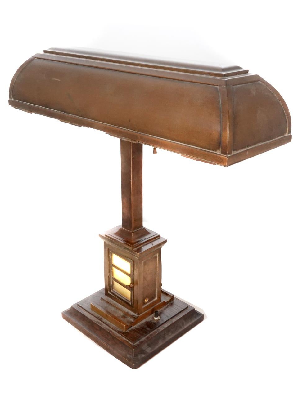 American 1910 I.P. Frink Heavy Bronze Bank Counter Lamp For Sale