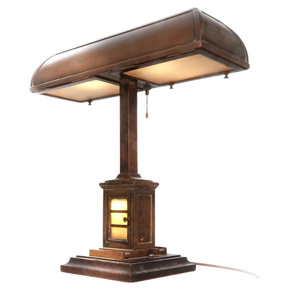 1910 I.P. Frink Heavy Bronze Bank Counter Lamp For Sale