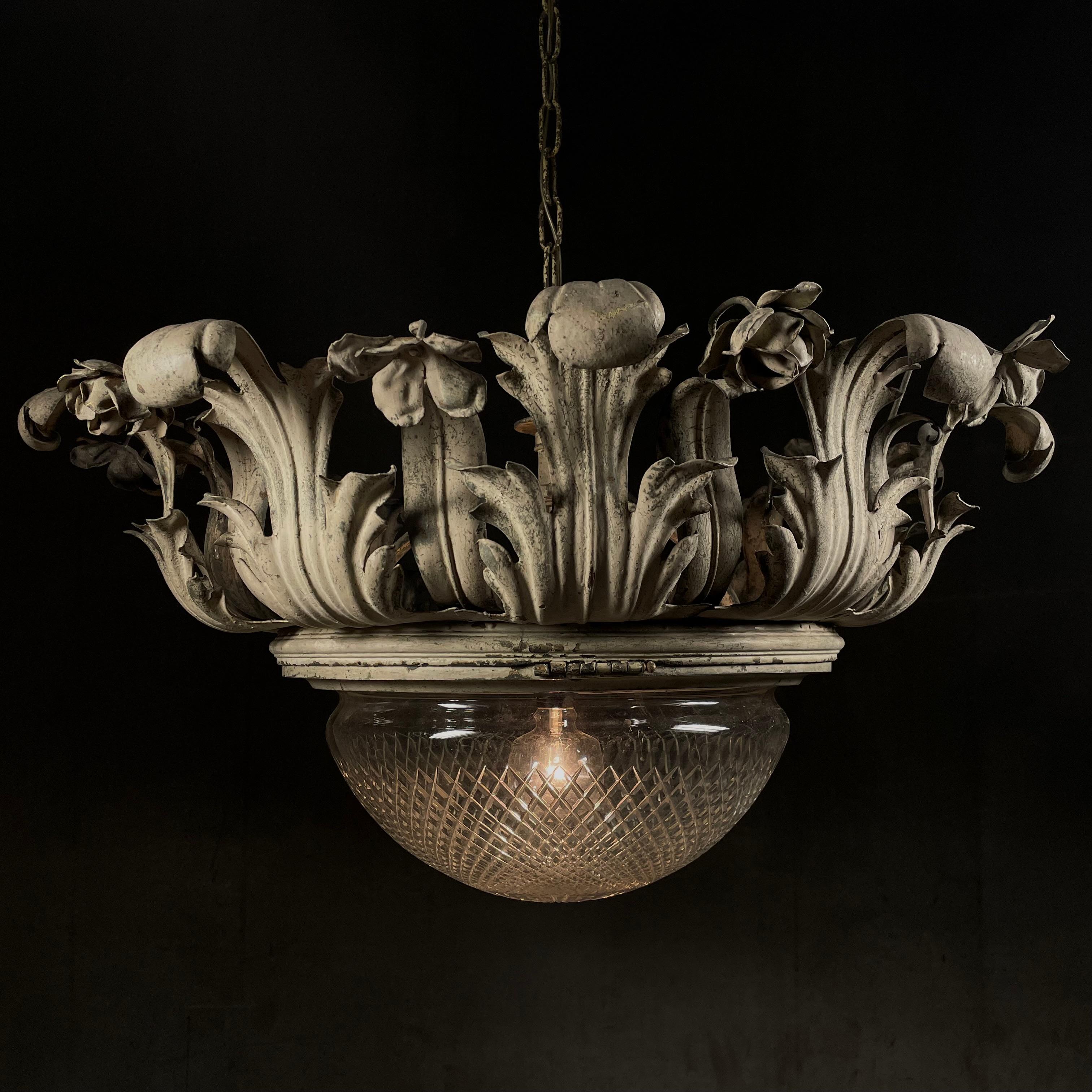 1910 Italian brass sculptured pendant chandelier. In Good Condition For Sale In Surrey, BC