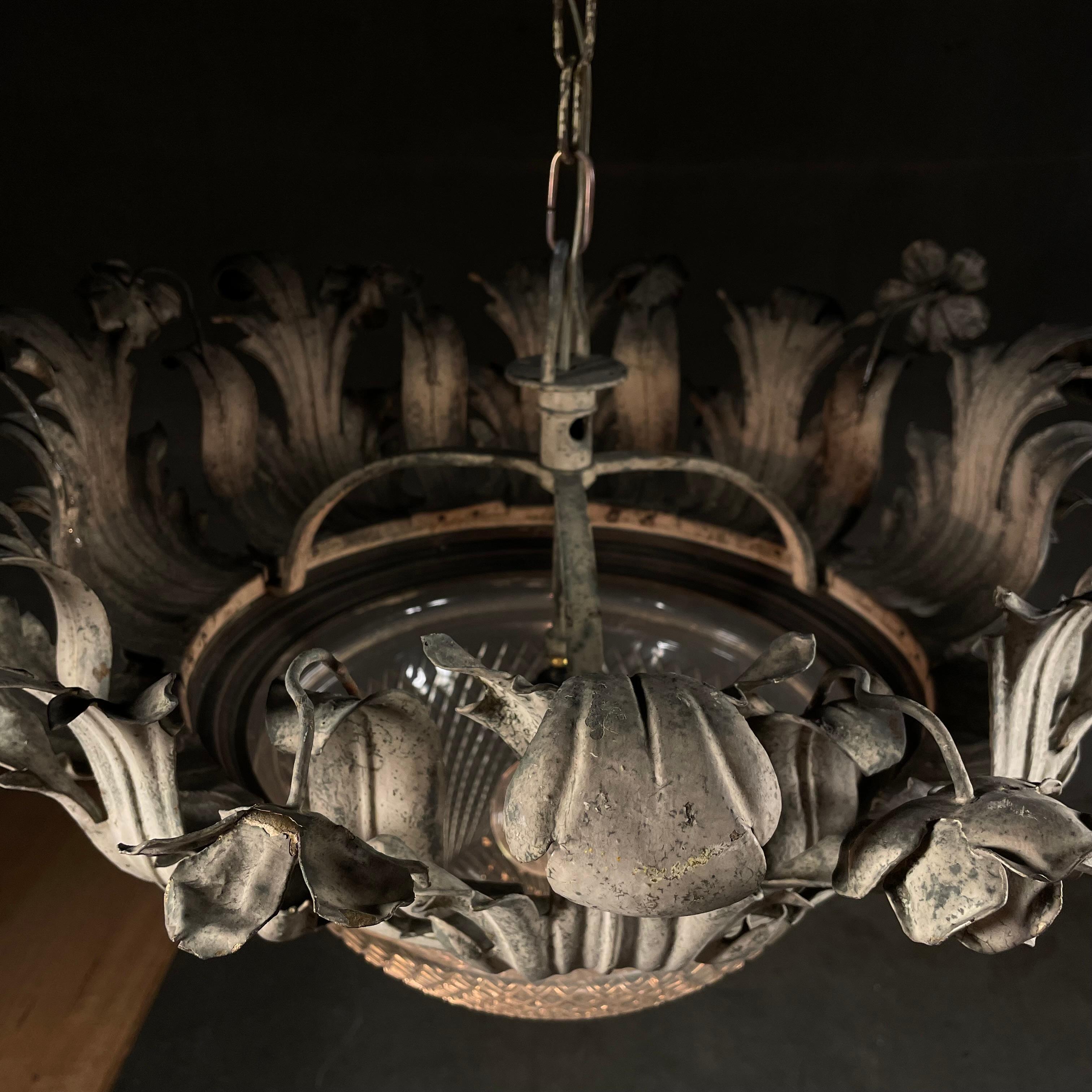 Brass 1910 Italian brass sculptured pendant chandelier. For Sale