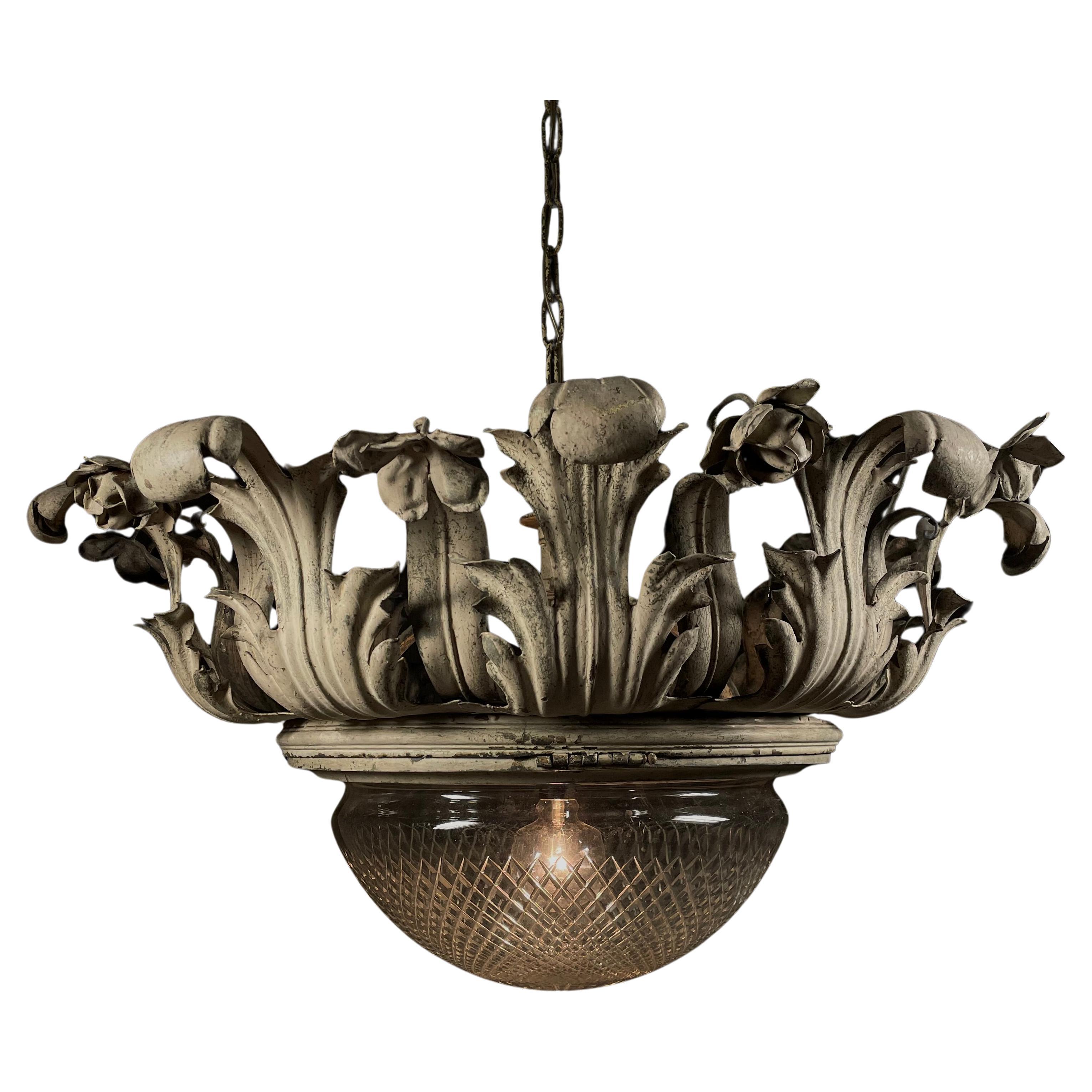1910 Italian brass sculptured pendant chandelier. For Sale