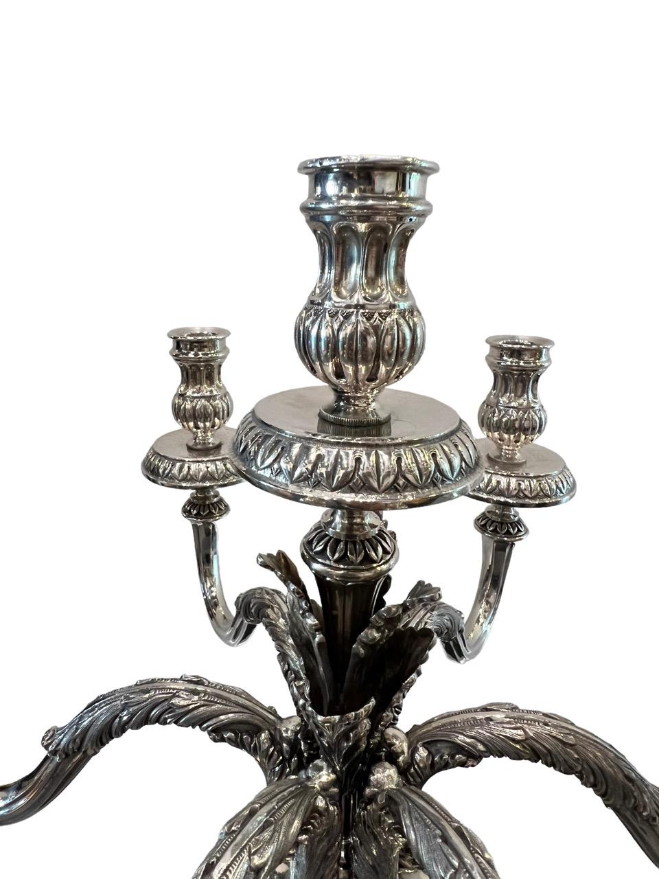 1910 Italian Pair of Sterling Silver Candelabras, Tall and Heavy For Sale 5