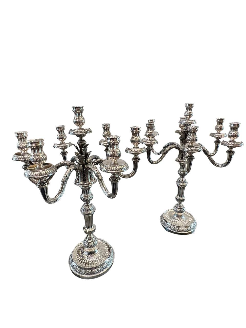 1910 Italian Pair of Sterling Silver Candelabras, Tall and Heavy In Fair Condition In North Miami, FL