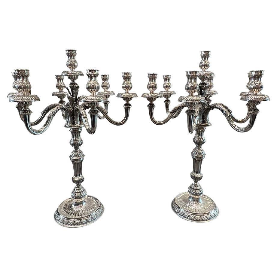 1910 Italian Pair of Sterling Silver Candelabras, Tall and Heavy For Sale