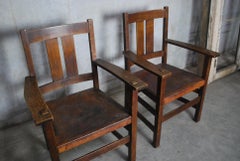 1910 L & J.G. Stickley Mission Arts & Crafts Oak Leather Dining Armchairs