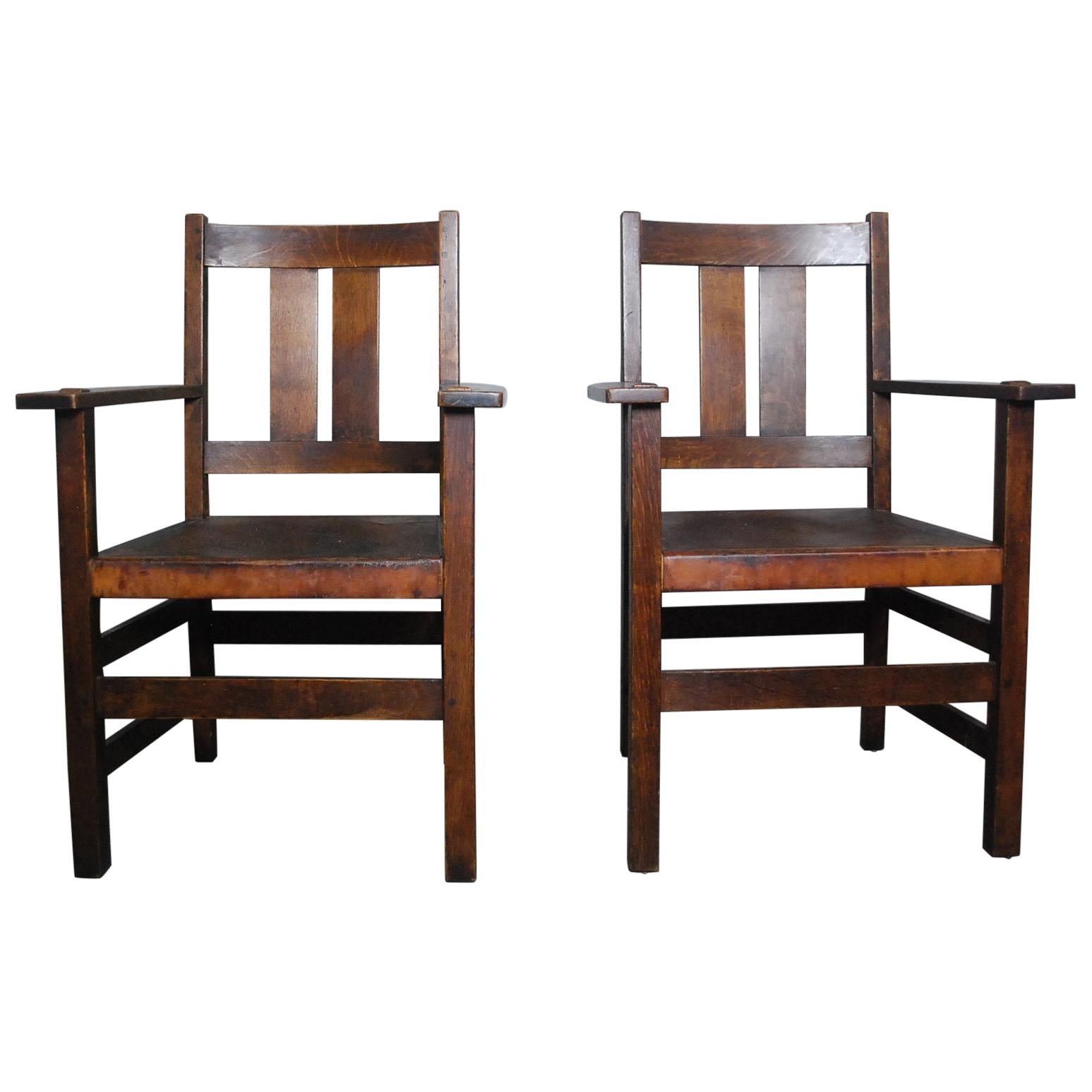 1910 L & J.G. Stickley Mission Arts & Crafts Oak Leather Dining Armchairs