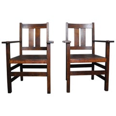 Antique 1910 L & J.G. Stickley Mission Arts & Crafts Oak Leather Dining Armchairs