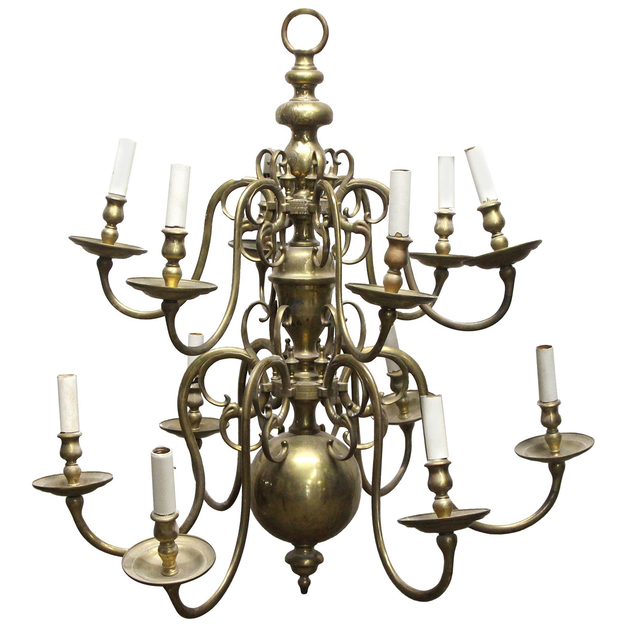 1910 Large Cast Brass Twelve Light Williamsburg Chandelier