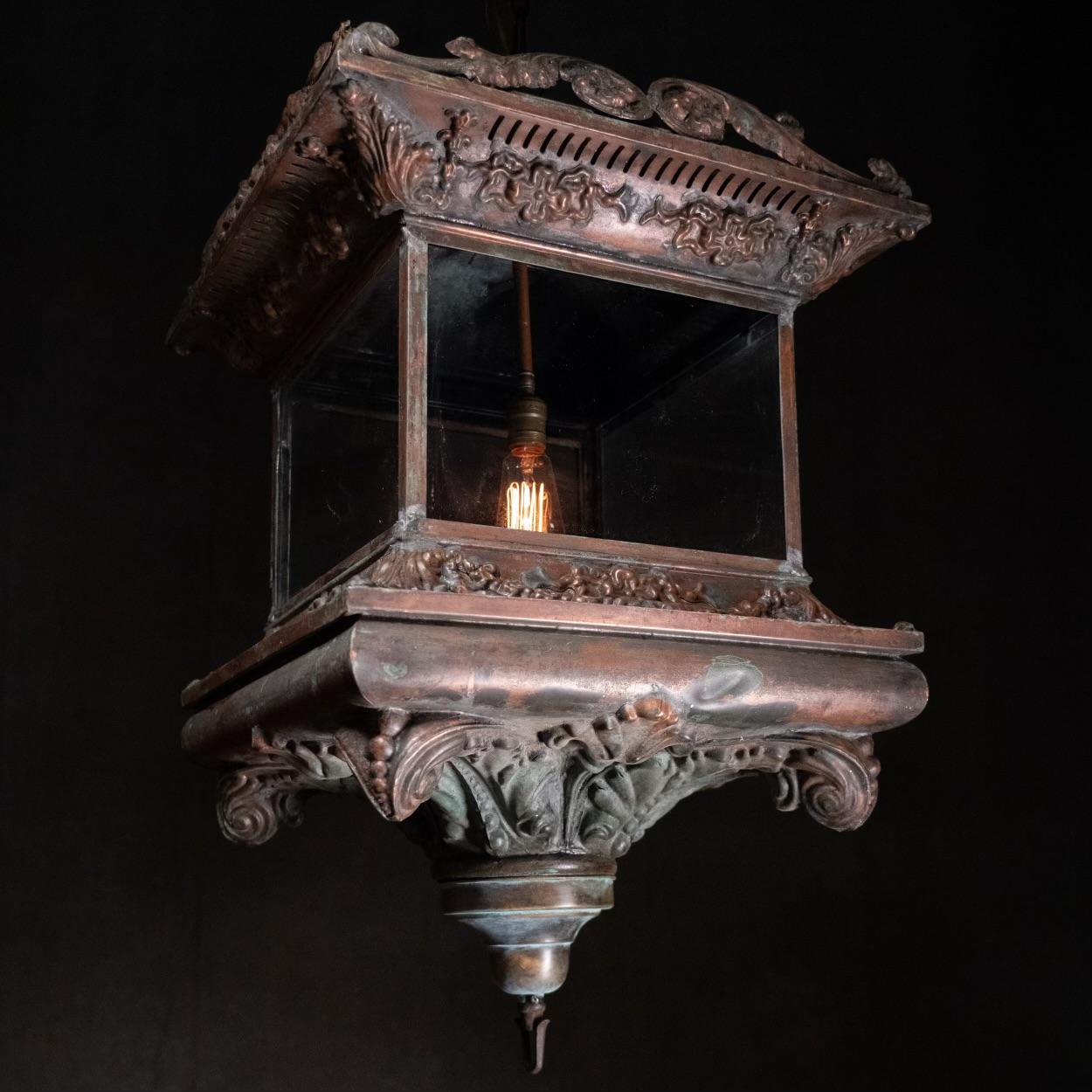 1910 large copper lantern pendant lights In Good Condition In Surrey, BC