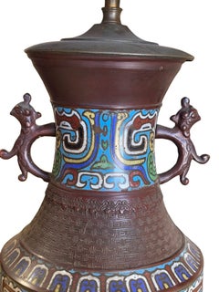 1910 Meiji Period Japanese Cloisonné Lamp with Wrought Iron and Enamel Shade