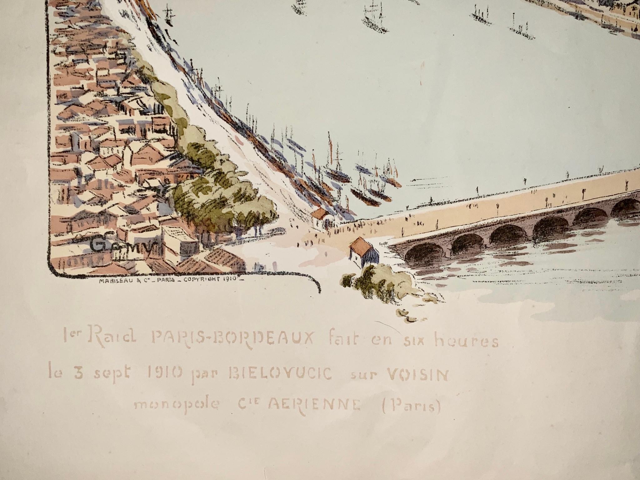 Wonderful depiction of the Voisin plane piloted by Bielovucic flying over the River Seine during the Paris-Bordeaux race on 3 September 1910. 

Published by Mabileau & Cie, Paris, 1910.

Ernest Montaut (1879-1909) and his wife were the first artists