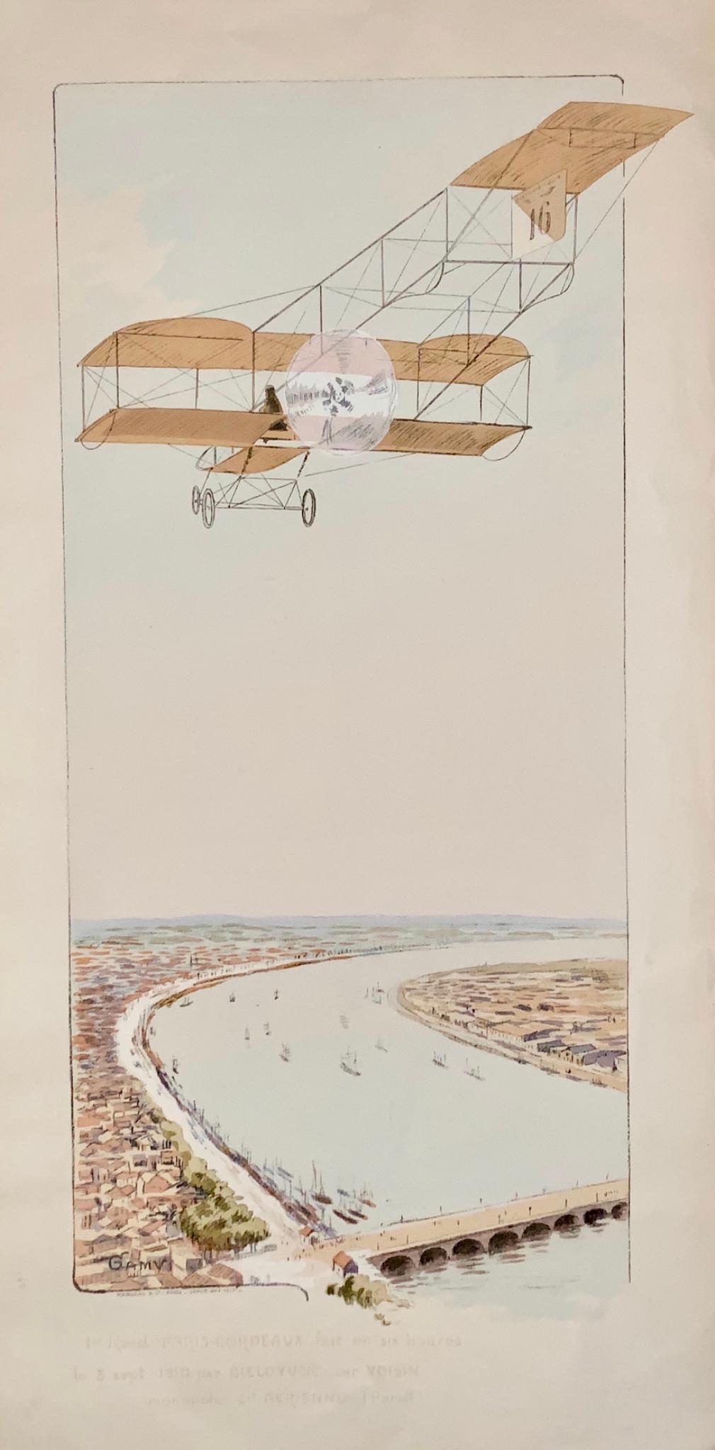 Art Nouveau 1910 Montaut, Ernest Aviation Race above Paris, Pochoir Coloured For Sale