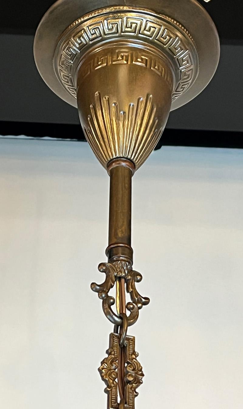 American 1910 Neo Classical Pendant with Amber Etched Crest, Column and Gryphon Shade  For Sale