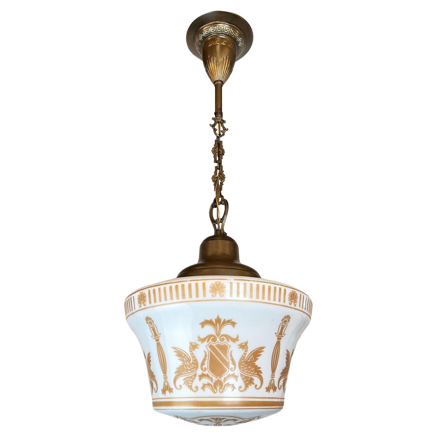 1910 Neo Classical Pendant with Amber Etched Crest, Column and Gryphon Shade  For Sale