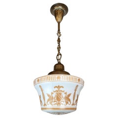 Antique 1910 Neo Classical Pendant with Amber Etched Crest, Column and Gryphon Shade 