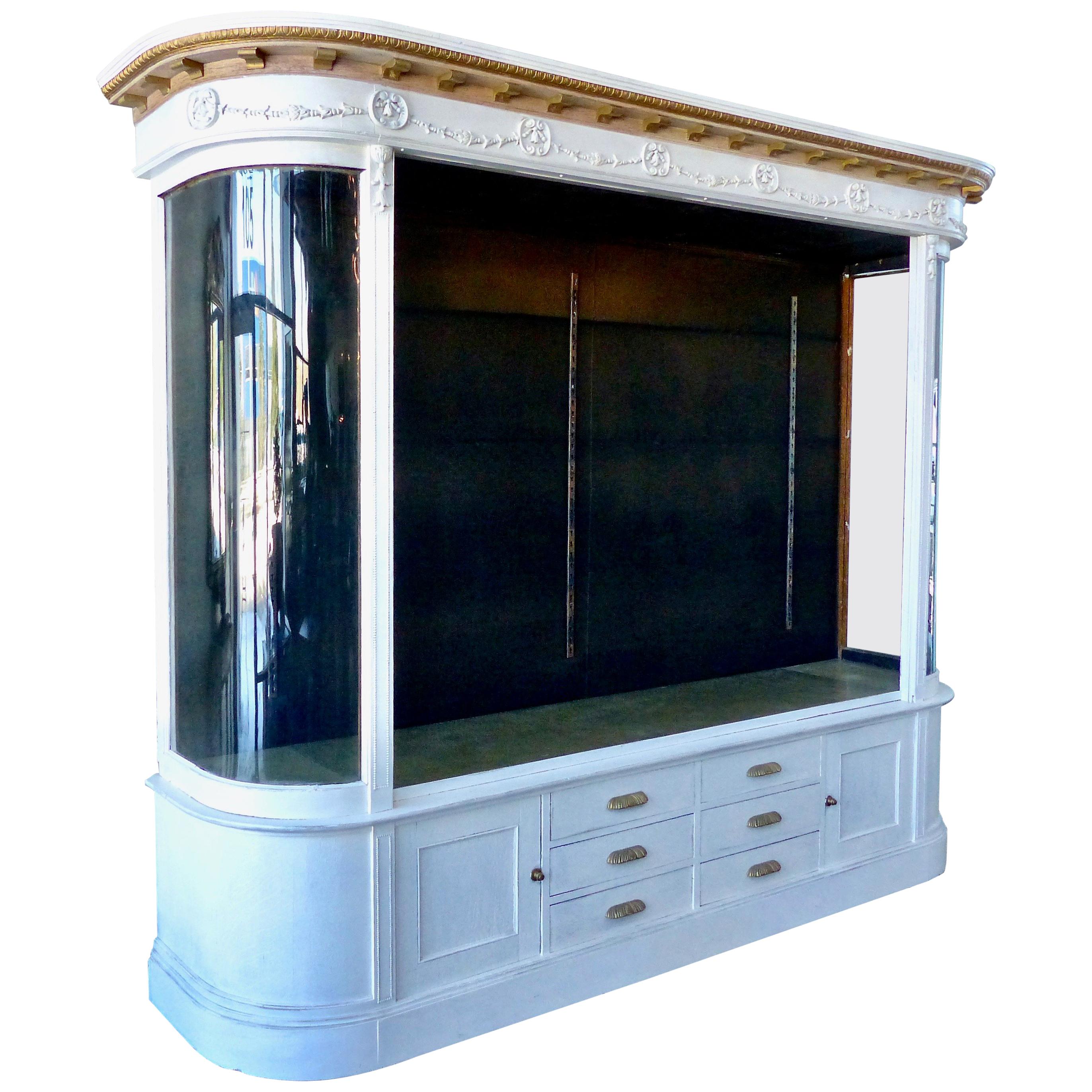 1910 Ornate Oak Mercantile Showcase Back Bar with Curved Glass