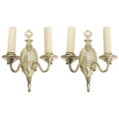 1910 Pair of Silver Plated Brass Federal Wall Sconces with Two Arms