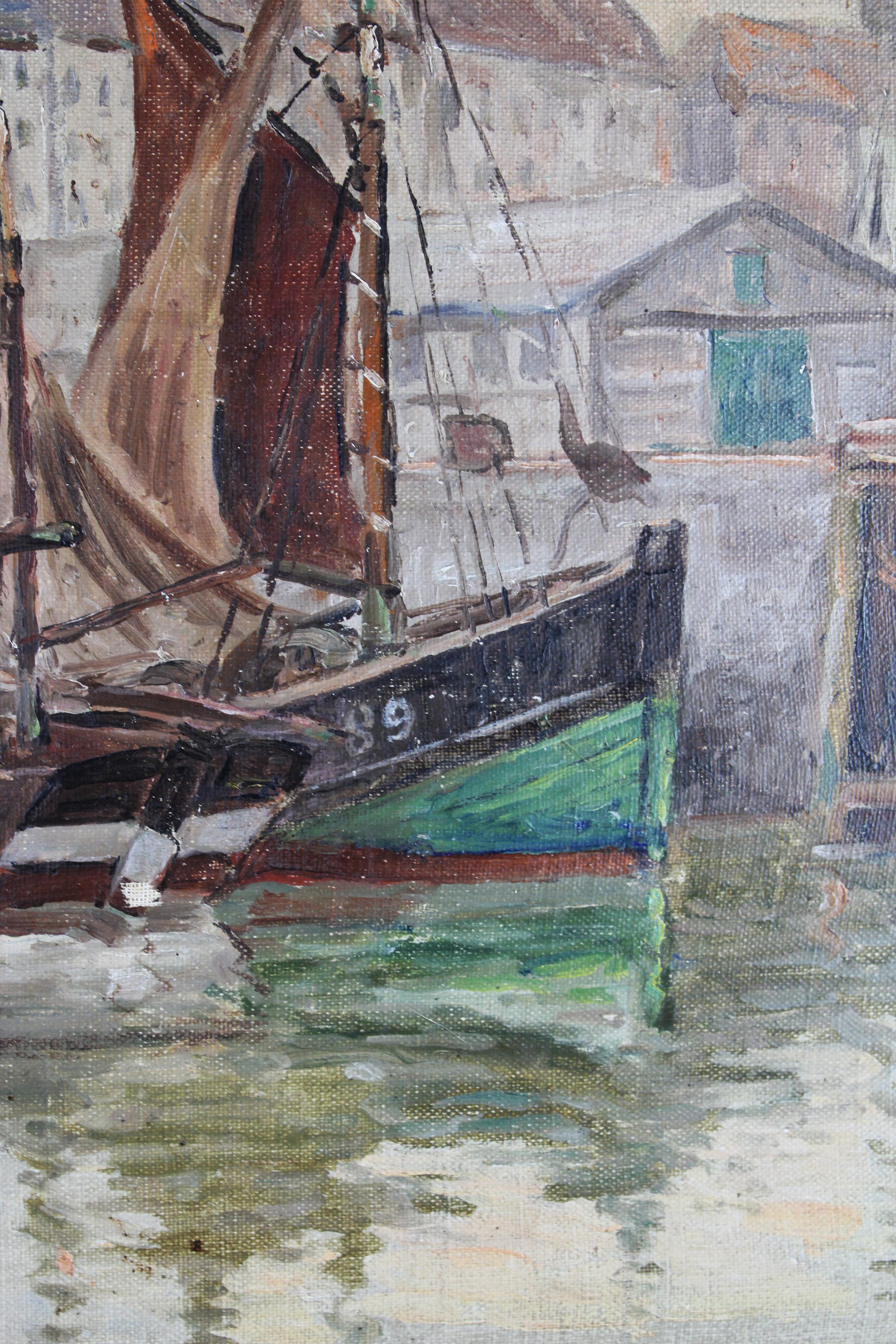 Introducing a captivating piece of early 20th-century art: a 1910 plein air oil painting on cardboard, depicting the old harbor in Honfleur, France. This charming artwork is signed by Achilles Ketelle, whose keen eye for detail and mastery of light