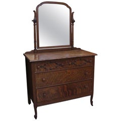 1910 Quarter Sawn Carved Oak Dresser with Mirror and Roomy Drawers