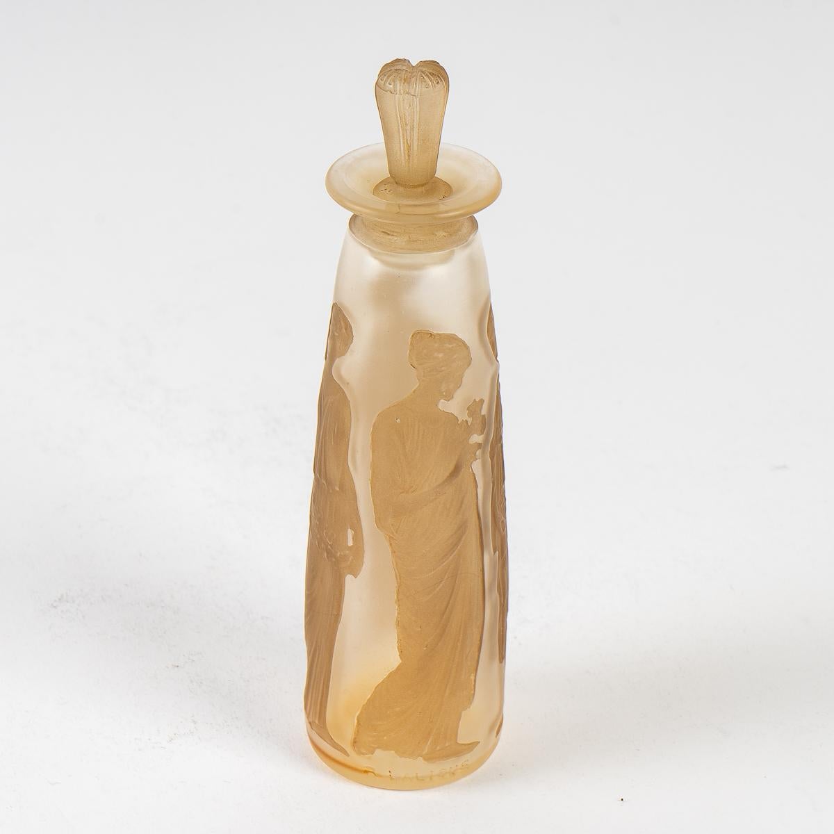 Molded 1910 Rene Lalique Ambre Antique Perfume Bottle Coty Frosted Glass Sepia Patina