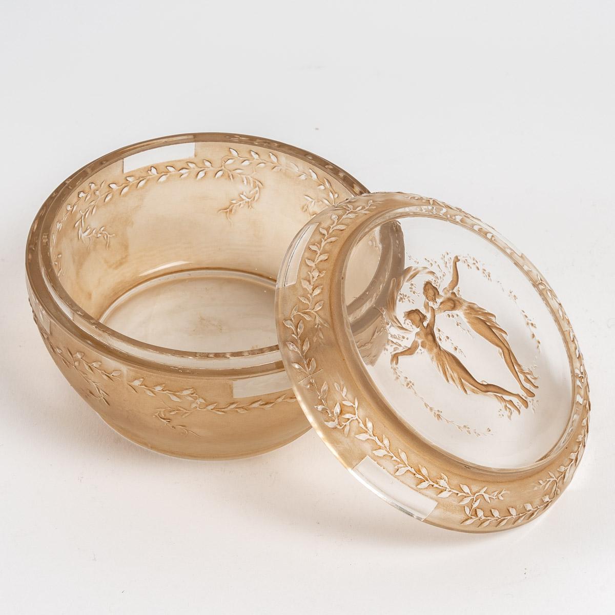 French 1910 René Lalique, Box Louveciennes Frosted Glass with Sepia Patina