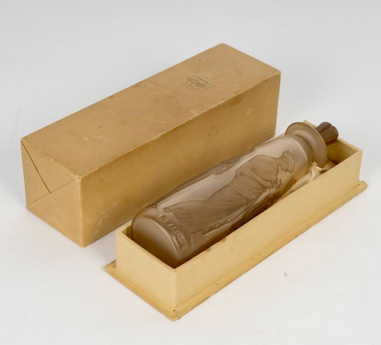 Art déco 1910 Flacon de parfum René Lalique Ambre Verre Coty Antique Patine Sépia avec boîte en vente