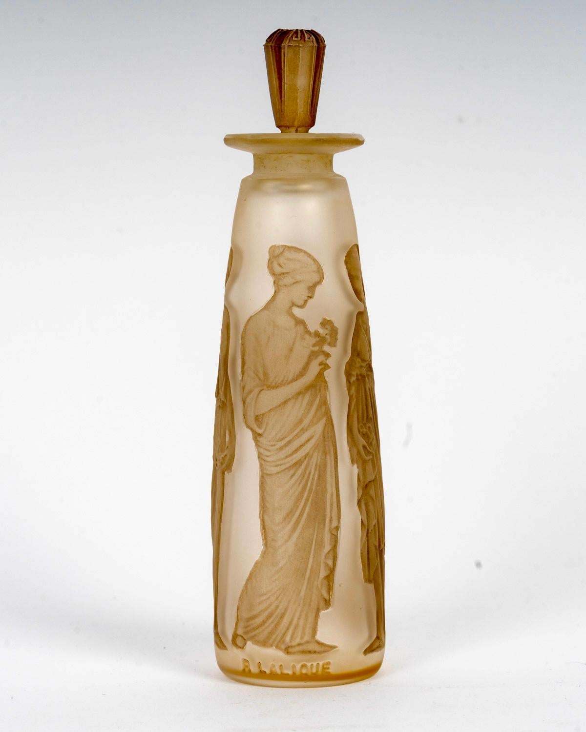 1910 Flacon de parfum René Lalique Ambre Verre Coty Antique Patine Sépia avec boîte Bon état - En vente à Boulogne Billancourt, FR